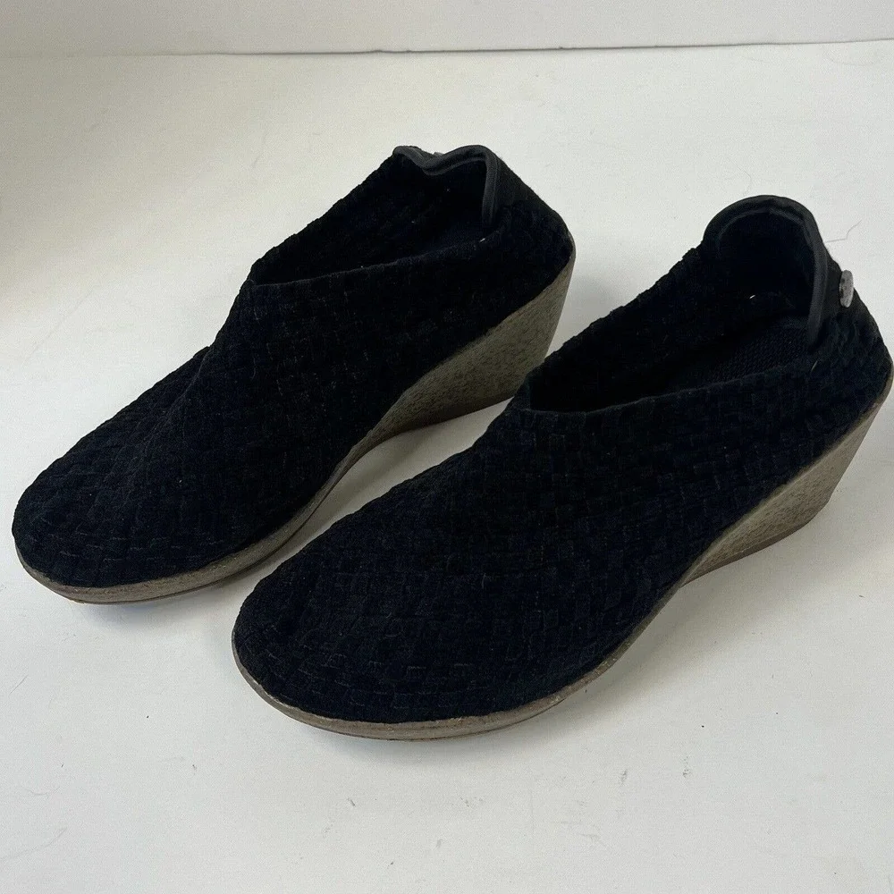 Bernie Mev Black Woven Chenille Slip On Wedge Shoes Booties Size 41 US 10